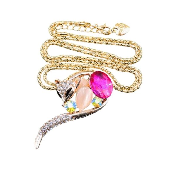 Betsey Johnson Necklace Pink Crystal Fox Brooch / Pendant Gold Tone - Picture 1 of 2